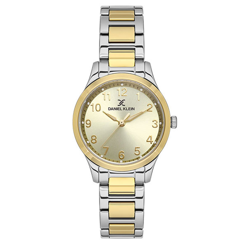 Womens DANIEL KLAIN wristwatch in white dial with two-tone gold bracelet.