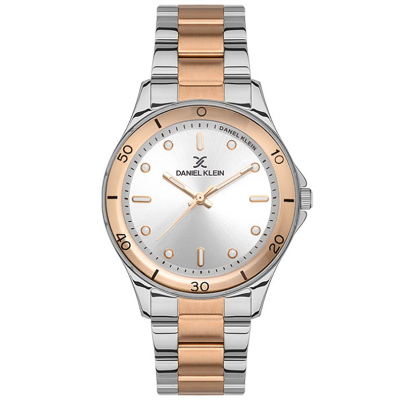 Womens DANIEL KLAIN wristwatch in white dial with two-tone pink bracelet.