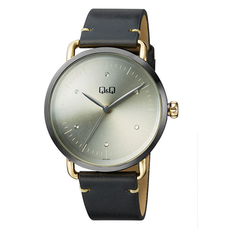 Mens Q&Q wristwatch with beige dial and black strap.