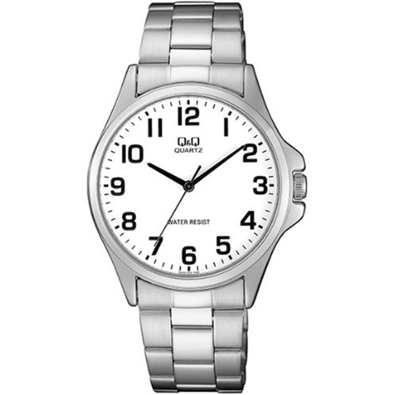 Mens Q&Q stainless steel watch with white dial and silver bracelet.