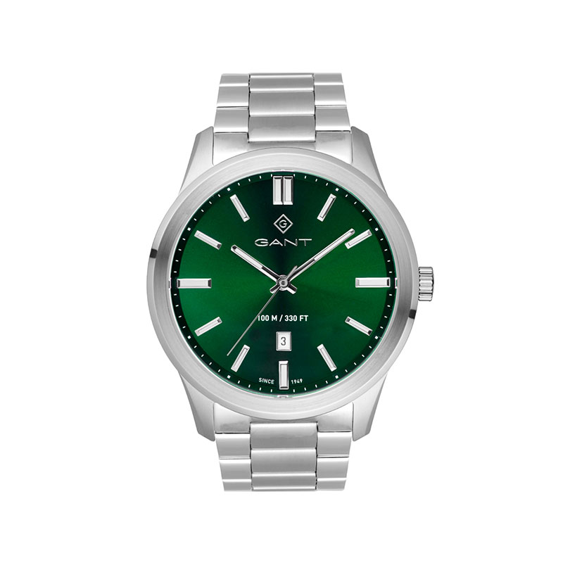 Mens GANT stainless steel watch with green dial and silver bracelet.