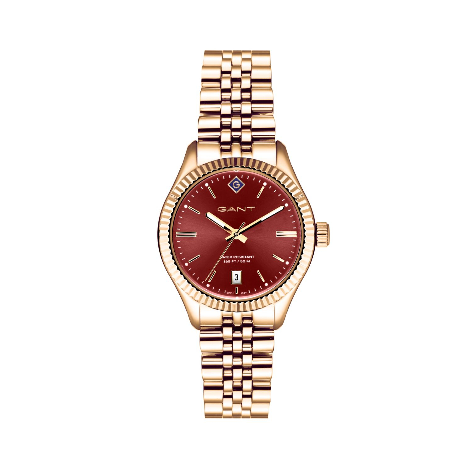 Womens Gant watch in gold stainless steel with Bordeaux dial and bracelet.