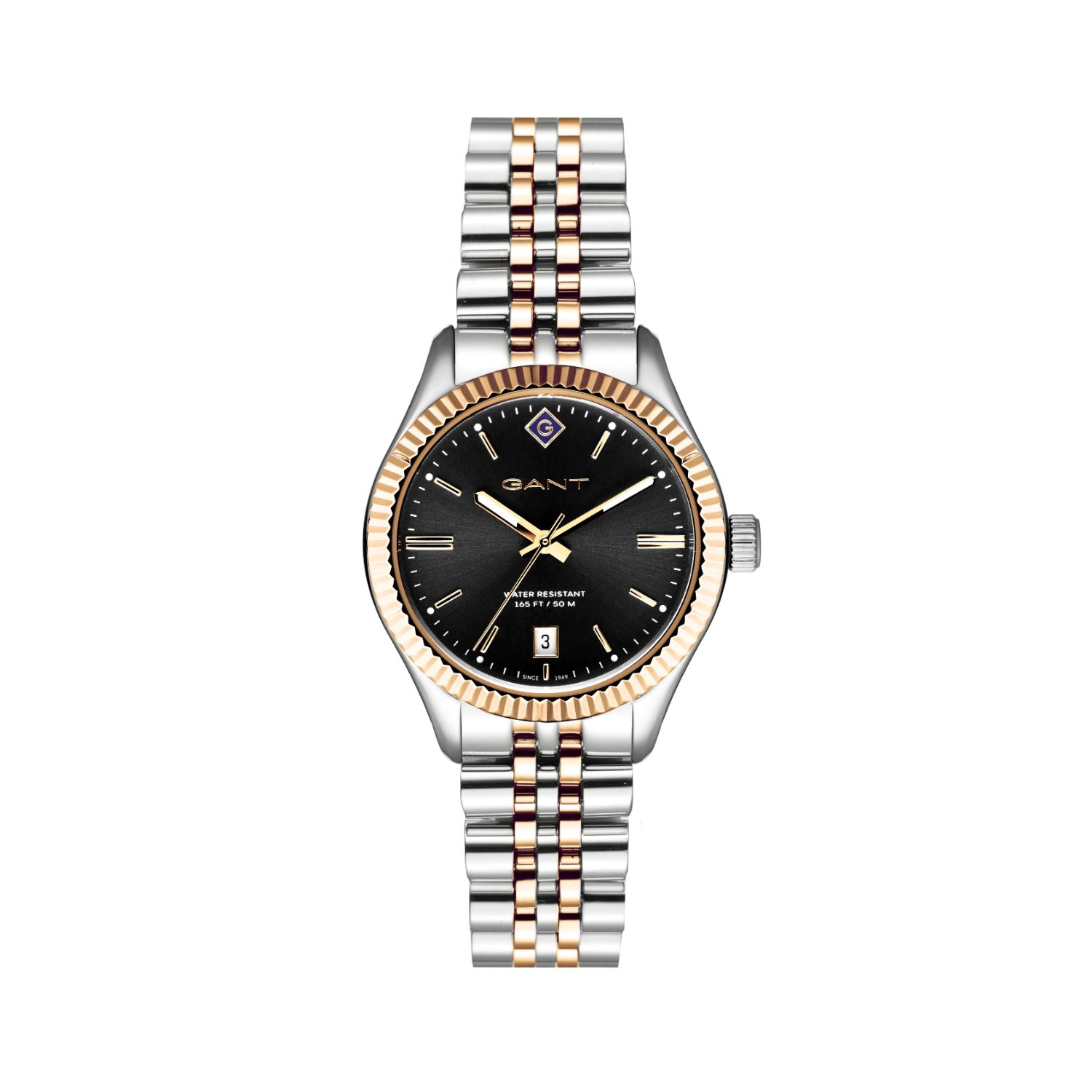 Γυναικείο ρολόι Gant από δίχρωμο ανοξείδωτο ατσάλι με μαύρο καντράν και μπρασελέ.