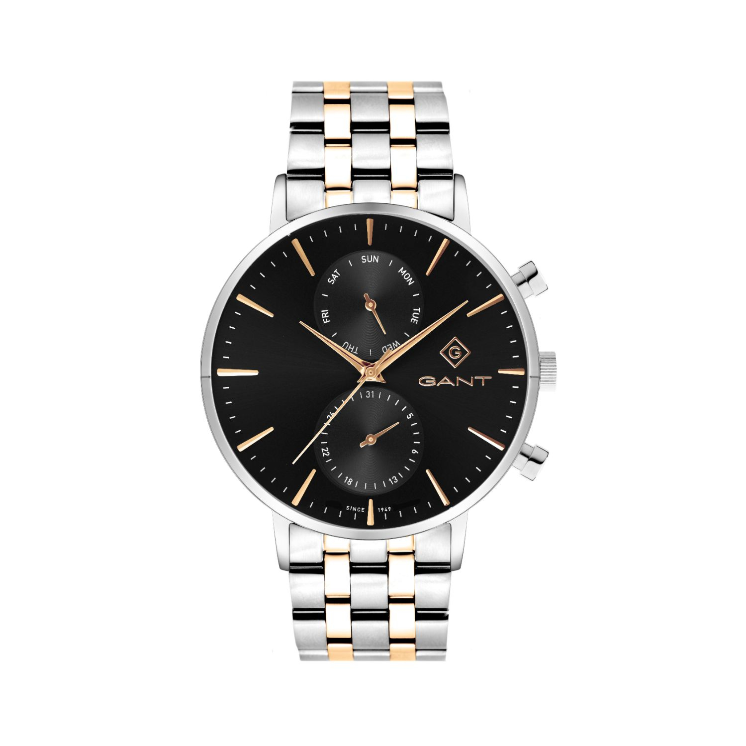 Mens GANT stainless steel watch with black dial and two-tone bracelet.