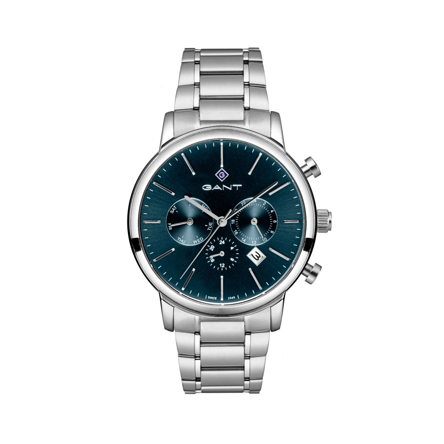 Mens GANT stainless steel watch with blue dial and silver bracelet.
