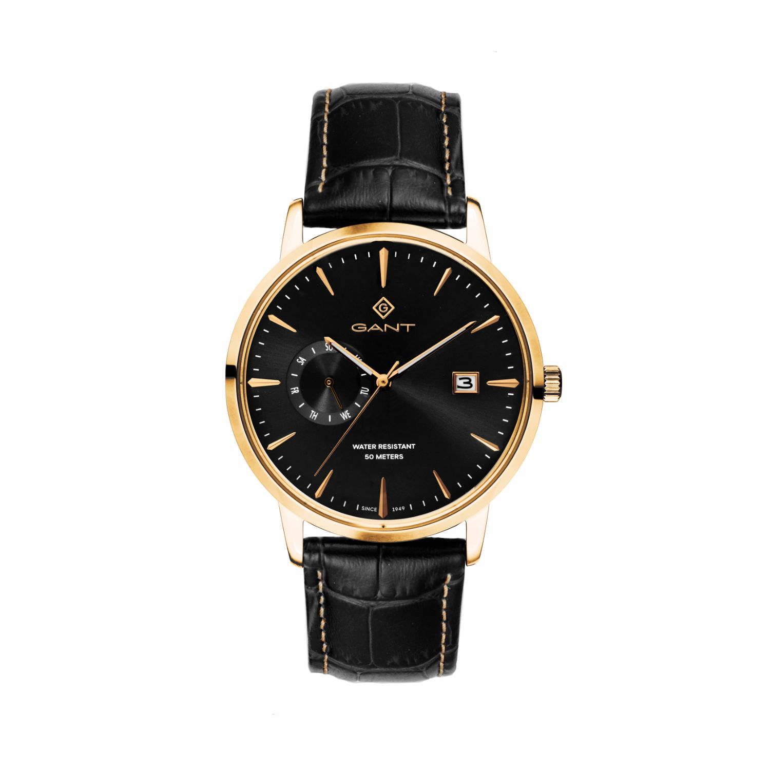 Mens GANT stainless steel watch with black dial and leather strap.