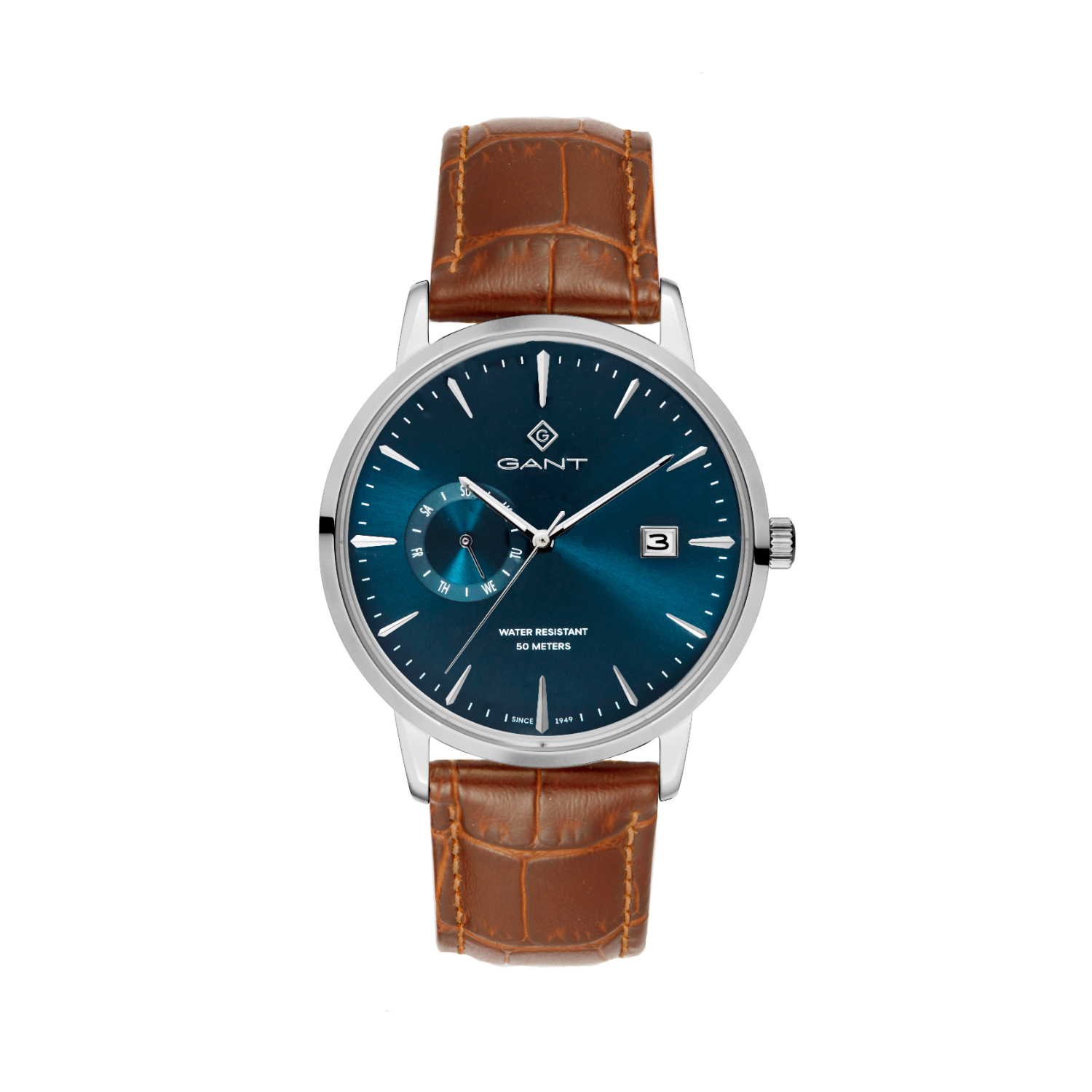 Mens GANT stainless steel watch with blue dial and leather strap.