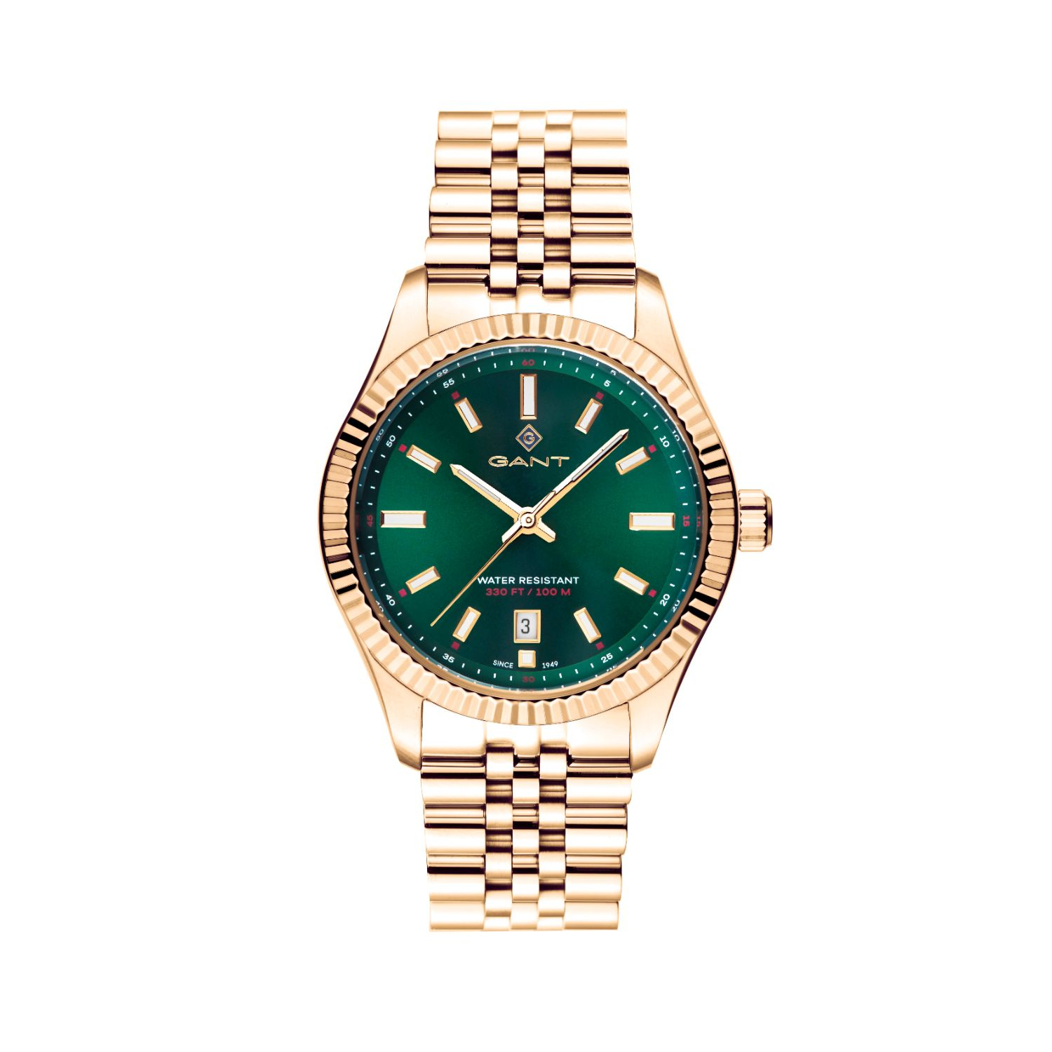Womens Gant watch in gold stainless steel with green dial and bracelet.