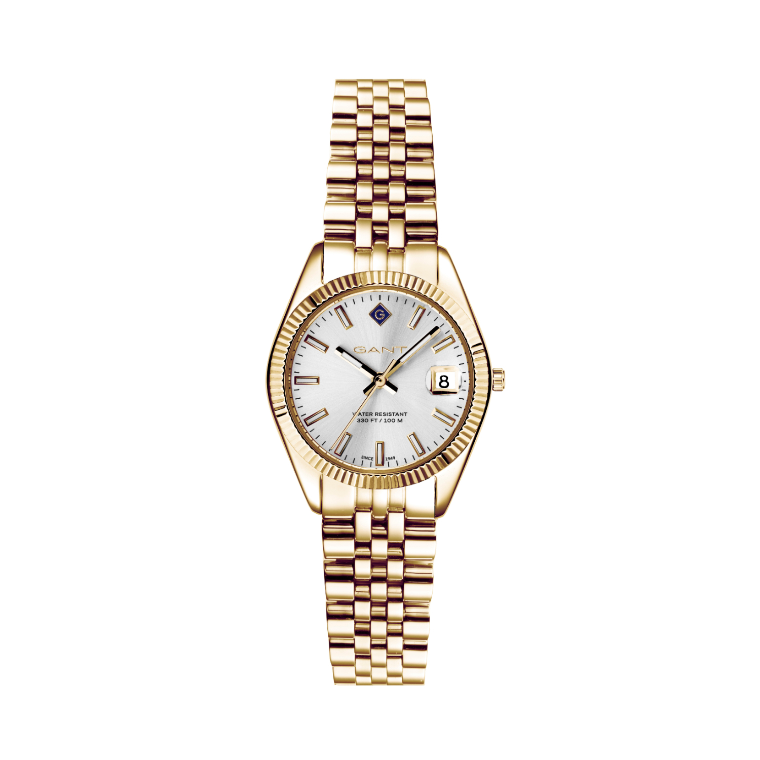 Γυναικείο ρολόι Gant από χρυσό ανοξείδωτο ατσάλι με λευκό καντράν και μπρασελέ.