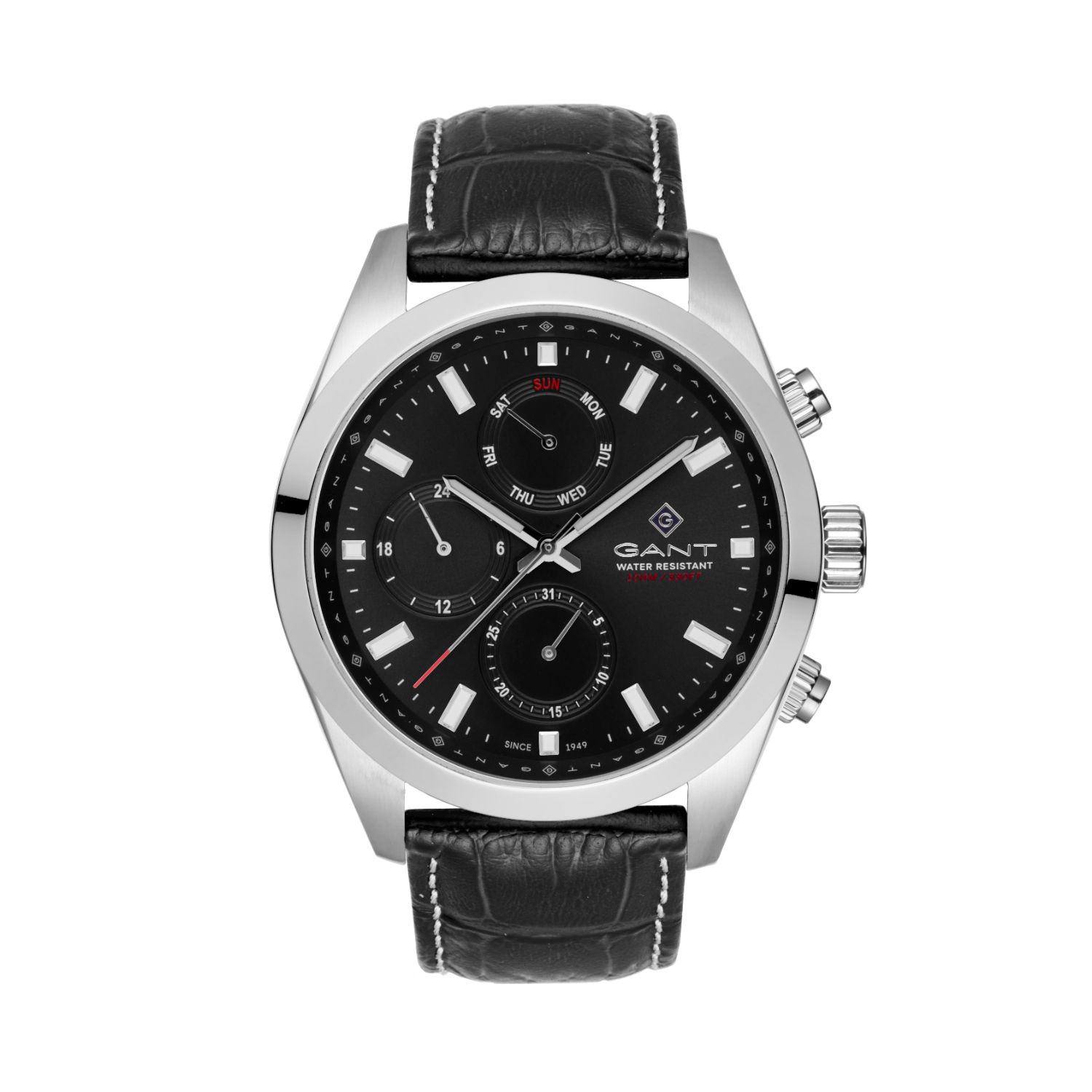 Mens GANT stainless steel watch with black dial and leather strap.