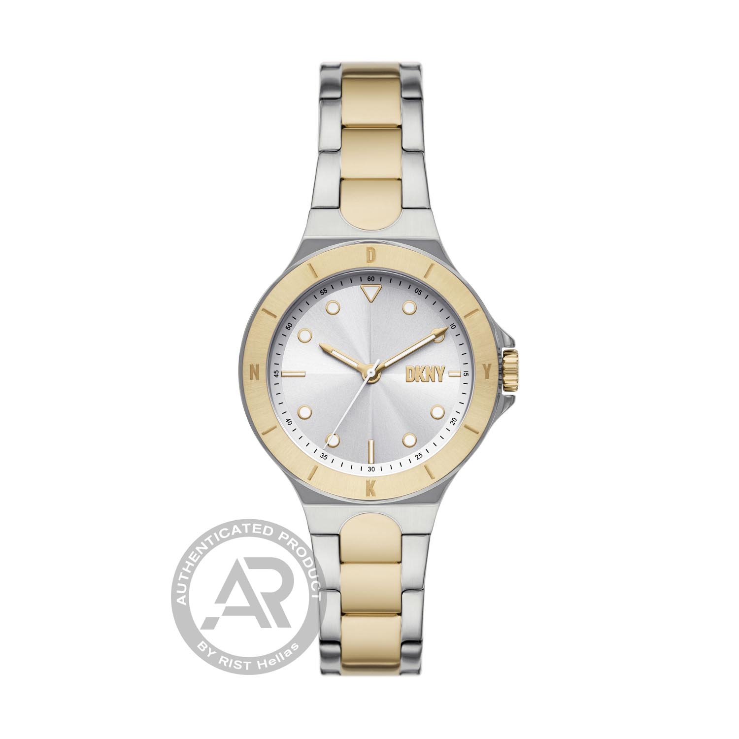 DKNY womens bicolour stainless steel watch with white dial and bracelet.