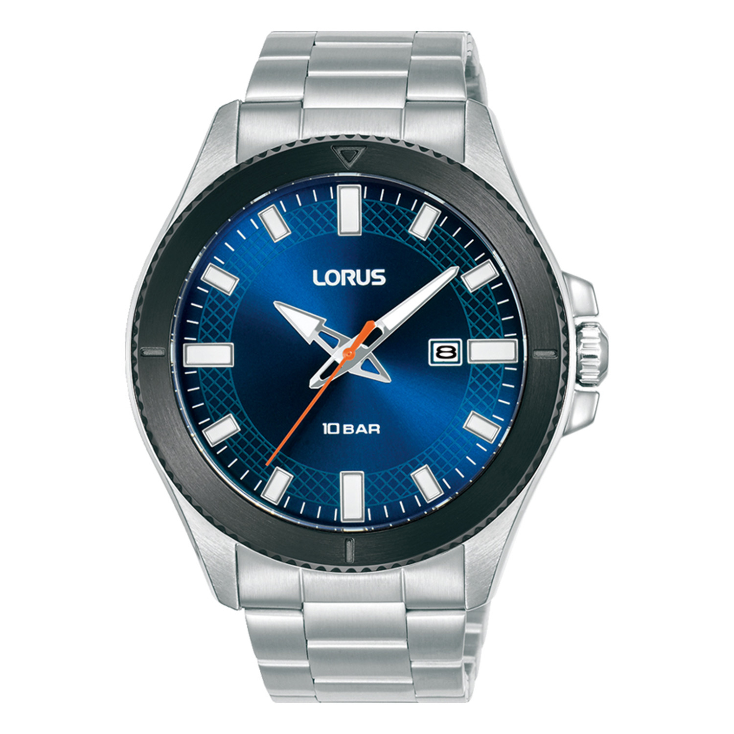 Mens LORUS stainless steel watch with blue dial and silver bracelet.