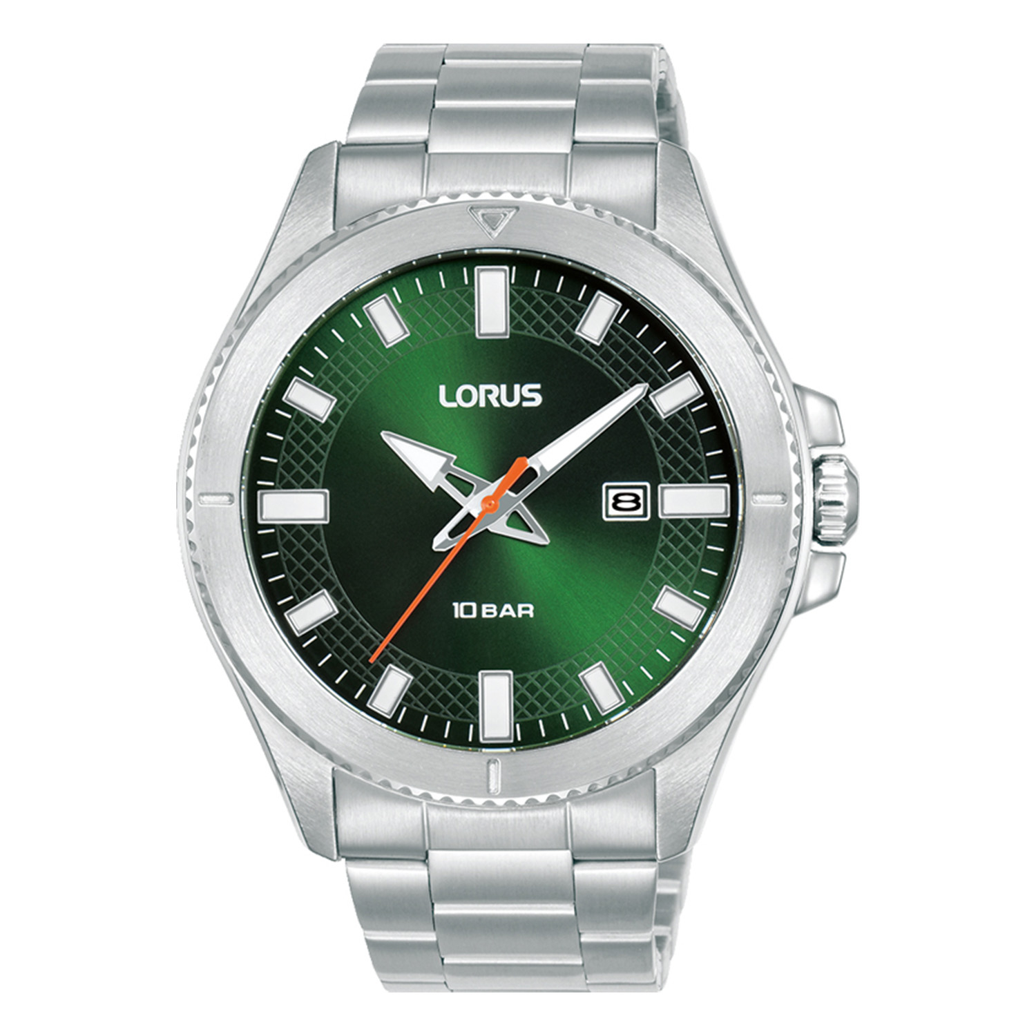 Mens LORUS stainless steel watch with green dial and silver bracelet.