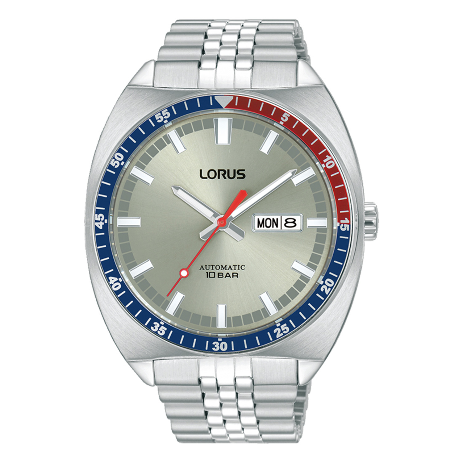 Mens LORUS stainless steel watch with grey dial and silver bracelet.