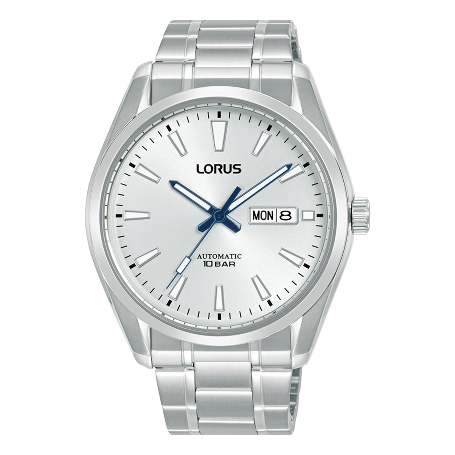 Mens LORUS stainless steel watch with white dial and silver bracelet.