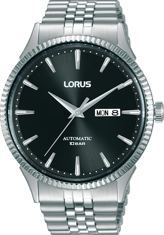 Mens LORUS stainless steel watch with black dial and silver bracelet.