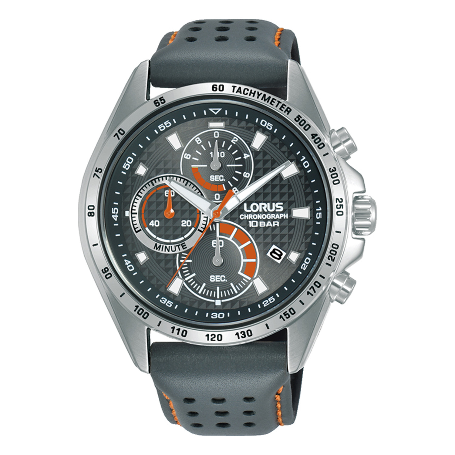Mens Lorus Chronograph Watch with grey dial and grey leather strap.