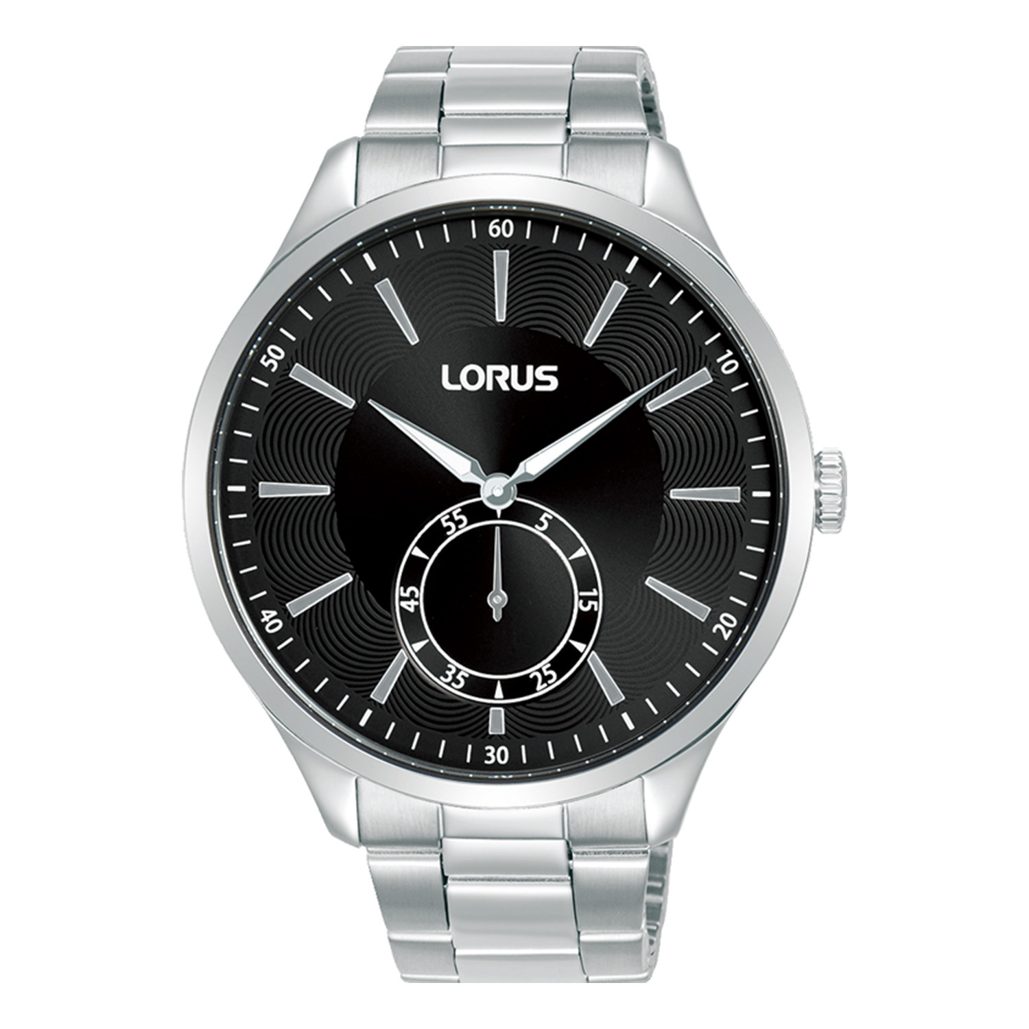 Ανδρικό ρολόι LORUS από ανοξείδωτο ατσάλι με μαύρο καντράν και ασημί μπρασελέ.