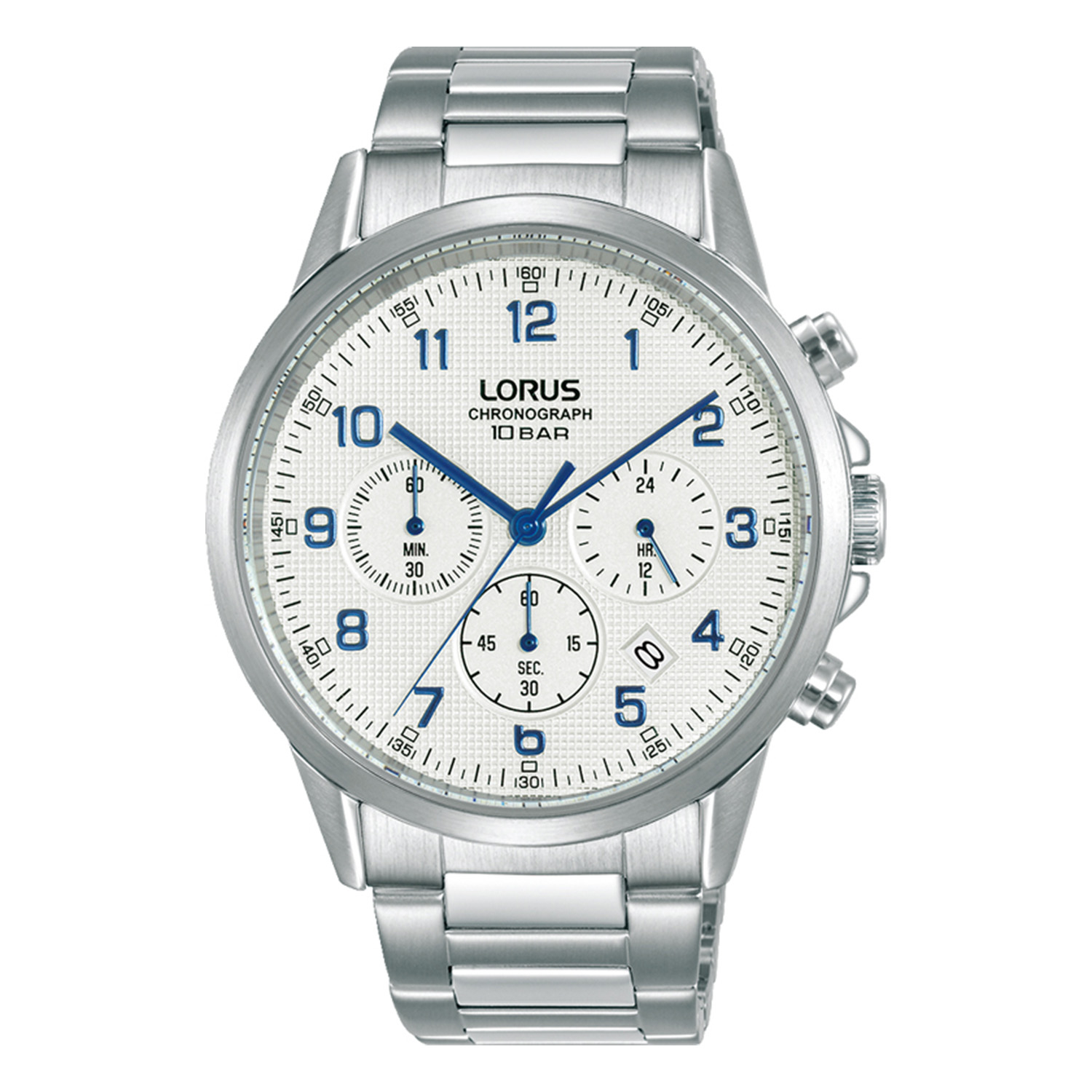 Mens LORUS stainless steel watch with white dial and silver bracelet.