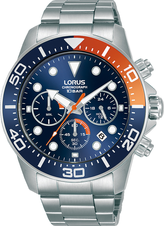 Mens LORUS stainless steel watch with blue dial and silver bracelet.