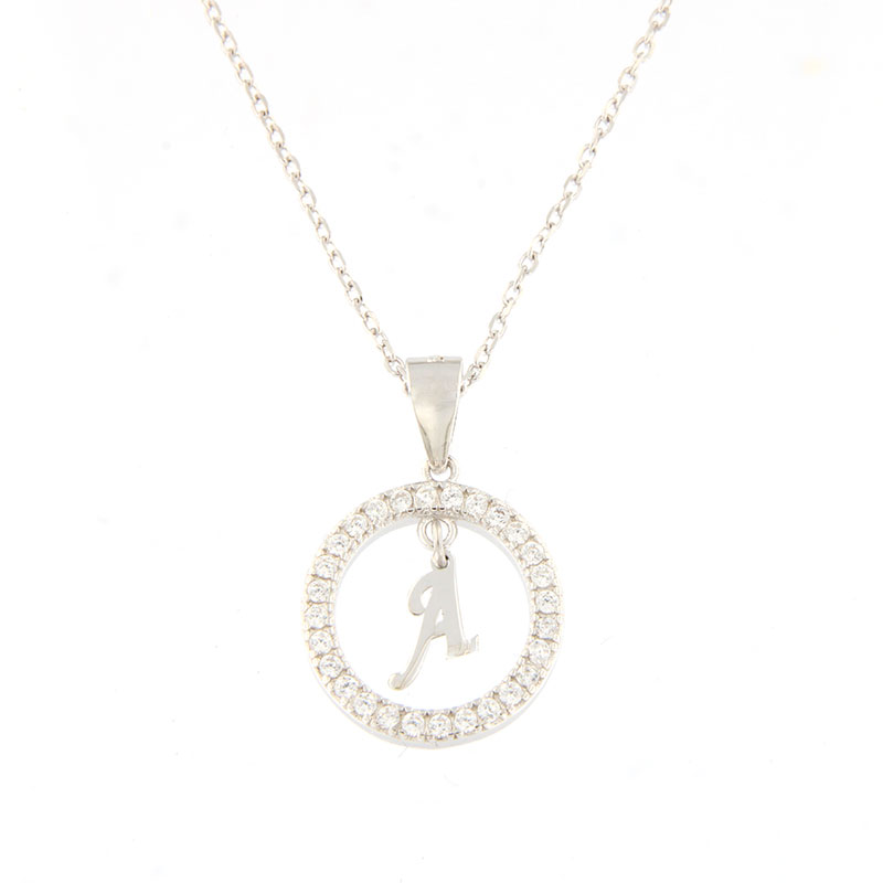 Womens silver monogram (A) in a circle with a 925 chain decorated with white zircons.