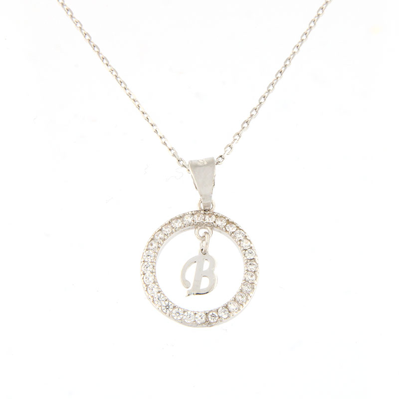 Womens silver monogram (B) in a circle with a 925 chain decorated with white zircons.