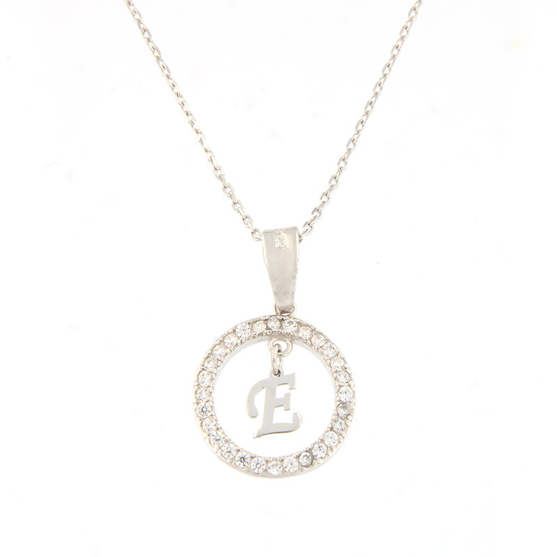 Womens silver monogram (E) in a circle with a 925 chain decorated with white zircons.
