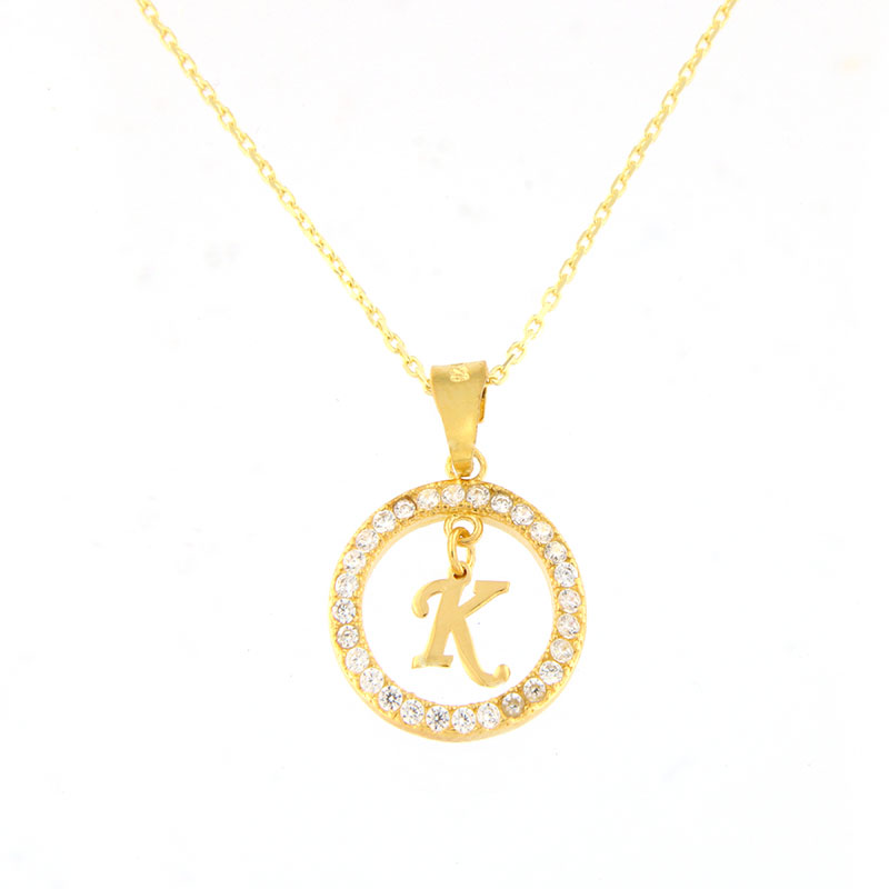 Womens silver gold plated monogram (K) in a circle with a 925 chain decorated with white zircons.