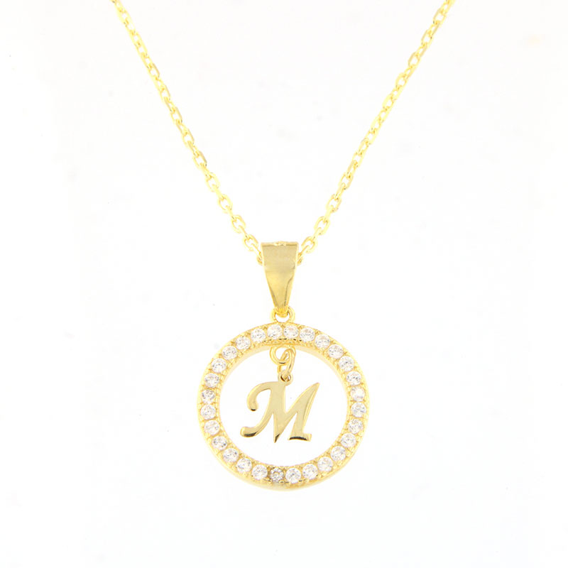 Womens silver gold plated monogram (M) in circle with 925 chain decorated with white zircons.