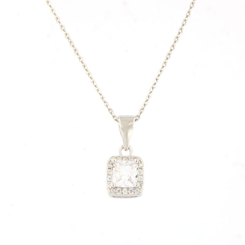 Womens silver square rosette necklace with 925 chain decorated with white zircons.