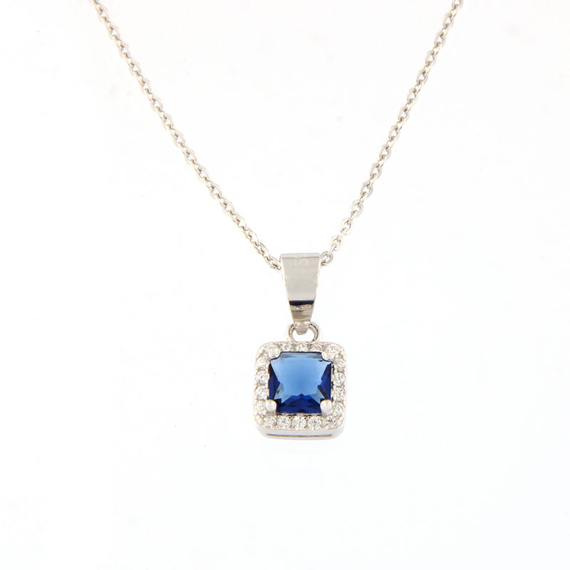 Womens silver square rosette necklace with 925 chain decorated with blue and white zircons.