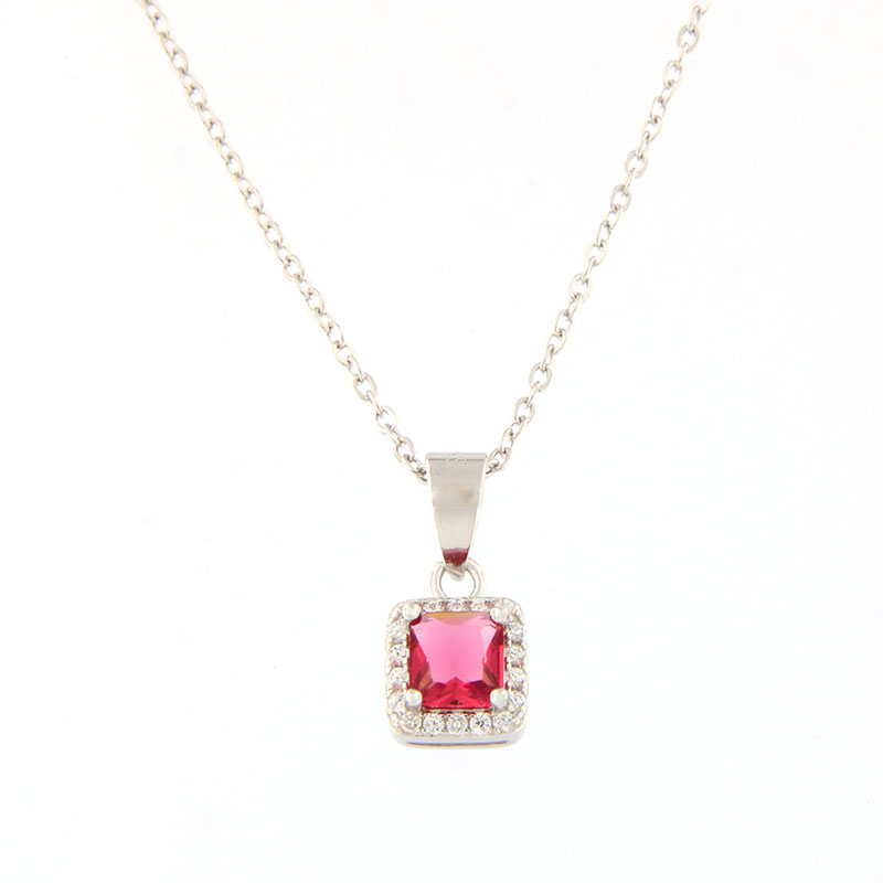 Womens silver square rosette necklace with 925 chain decorated with red and white zircons.
