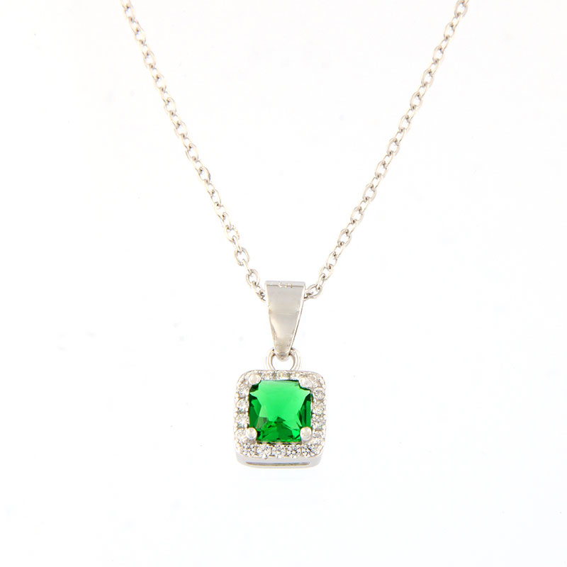 Womens silver square rosette necklace with 925 chain decorated with green and white zircons.