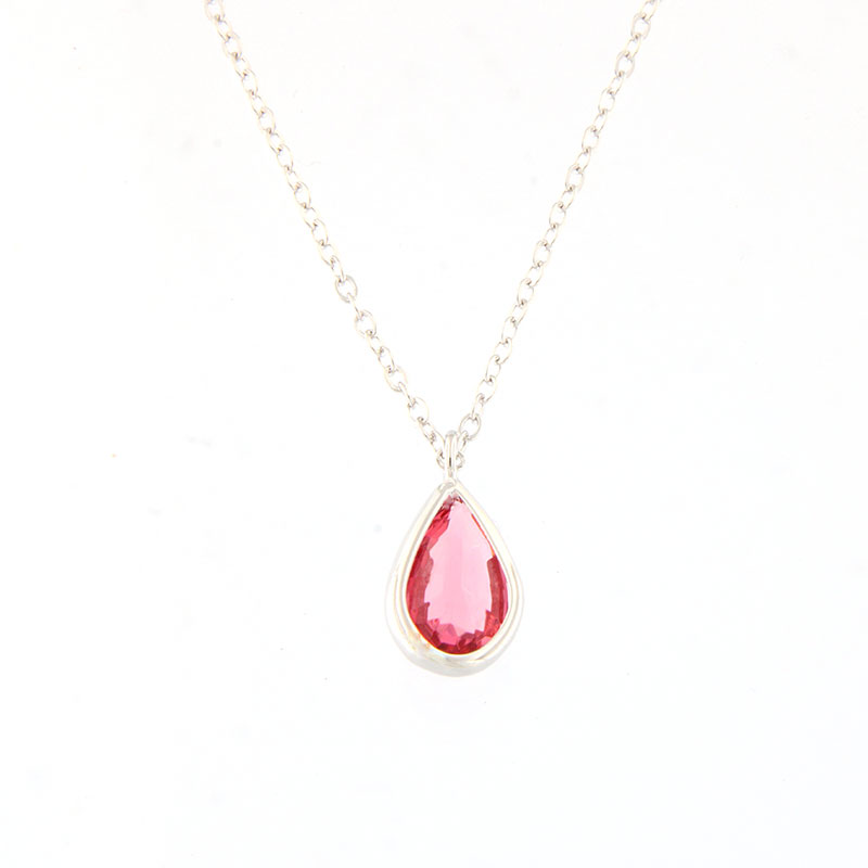 Womens silver necklace in drop shape with 925 chain decorated with red zirgon.