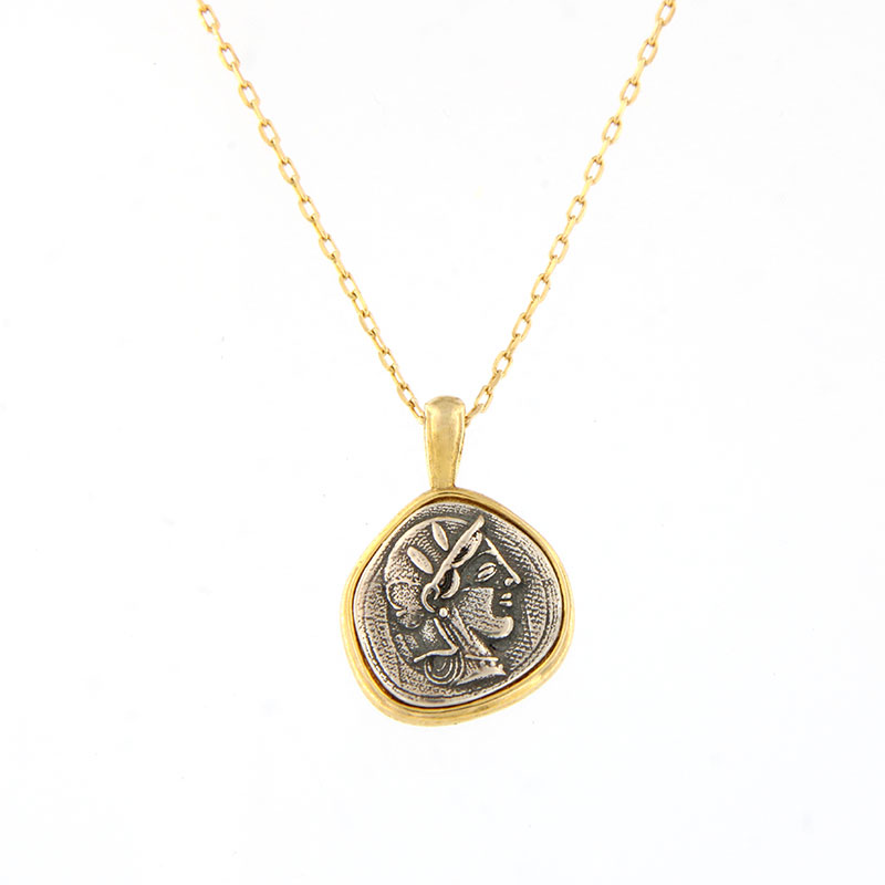 Womens bicolour pendant with silver chain 925° with depiction THE GODDESS ATHENS.