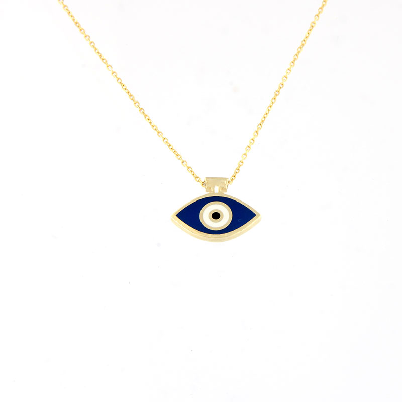 Womens 14 karat gold eye pendant decorated with enamel.