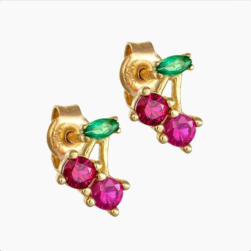 14K Childrens gold earrings in Cherry shape decorated with zircons.