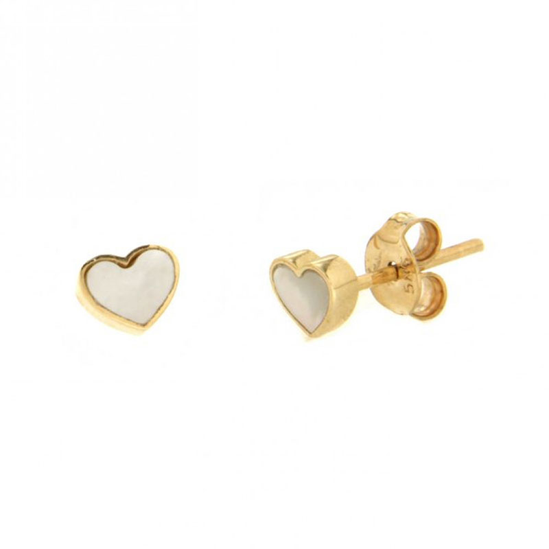 14K Childrens gold earrings in Heart shape decorated with Fildisi.
