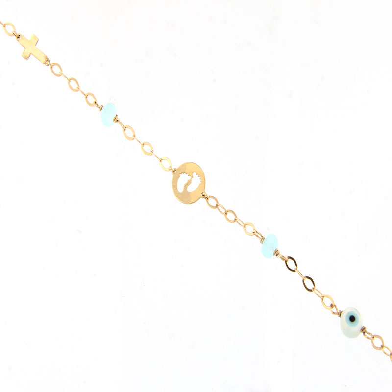 9K Childrens gold bracelet with three elements decorated with light blue quartz.