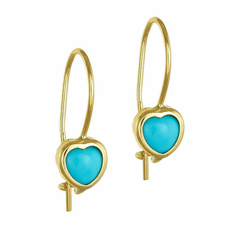 9K Gold childrens earrings in heart shape decorated with light blue Turquoise.