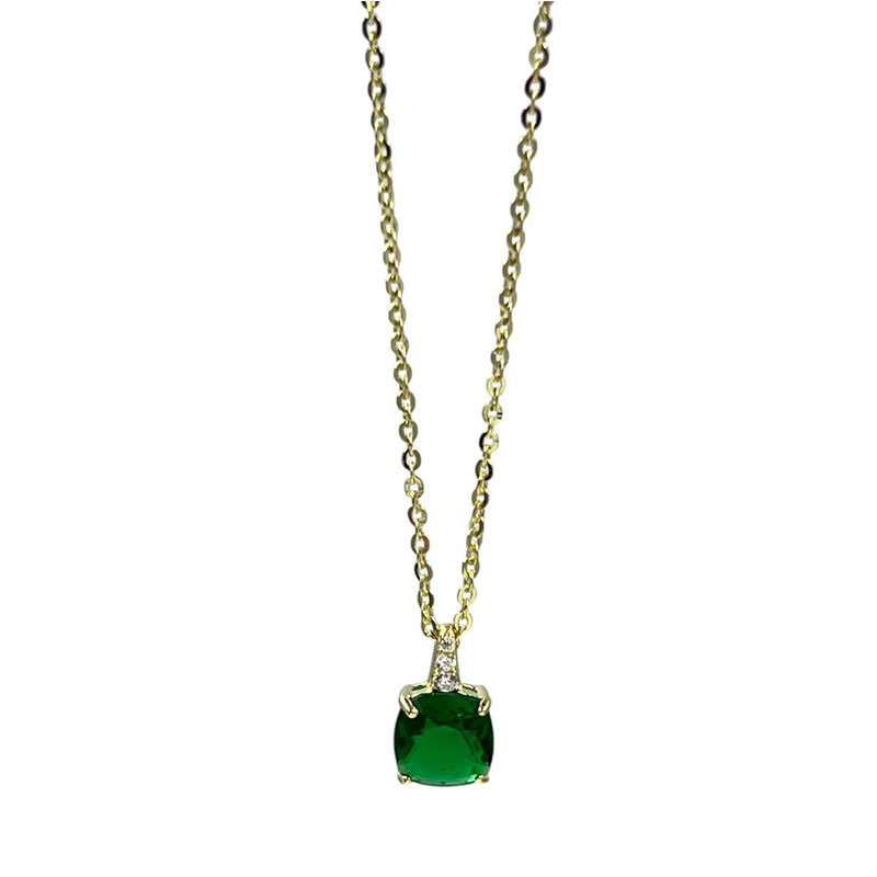 Womens Silver Gold Plated Necklace with Chain, Green and White Zirconia.