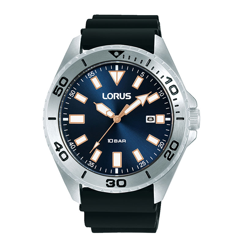Ανδρικό Ρολόι LORUS με Μπλε Καντράν & Μαύρο Λουράκι Σιλικόνης.