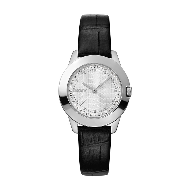 Γυναικείο Ρολόι DKNY – Ασημί Κάσα, Μαύρο Δερμάτινο Λουράκι & Κρύσταλλα Swarovski.