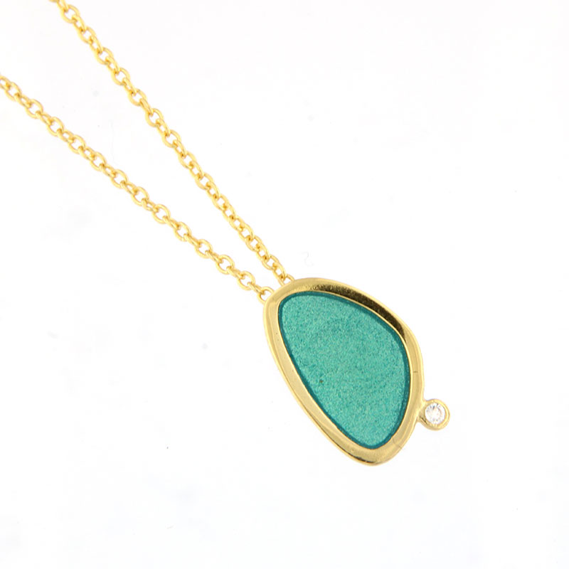 Gold plated silver chain necklace 925° with pebble pendant, turquoise enamel & white cubic zirconia.
