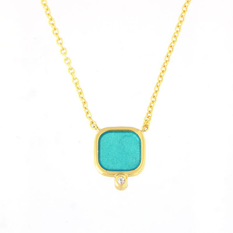 Womens gold plated pendant made of Silver 925° in square shape with turquoise enamel.