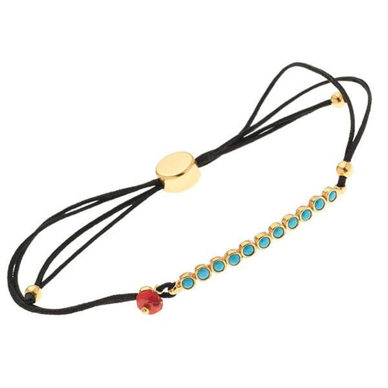 Γυναικείο Ασημένιο Επιχρυσωμένο Ριβιέρα Βραχιόλι με Μαύρο Μεταξωτό Κορδόνι & Τιρκουάζ.