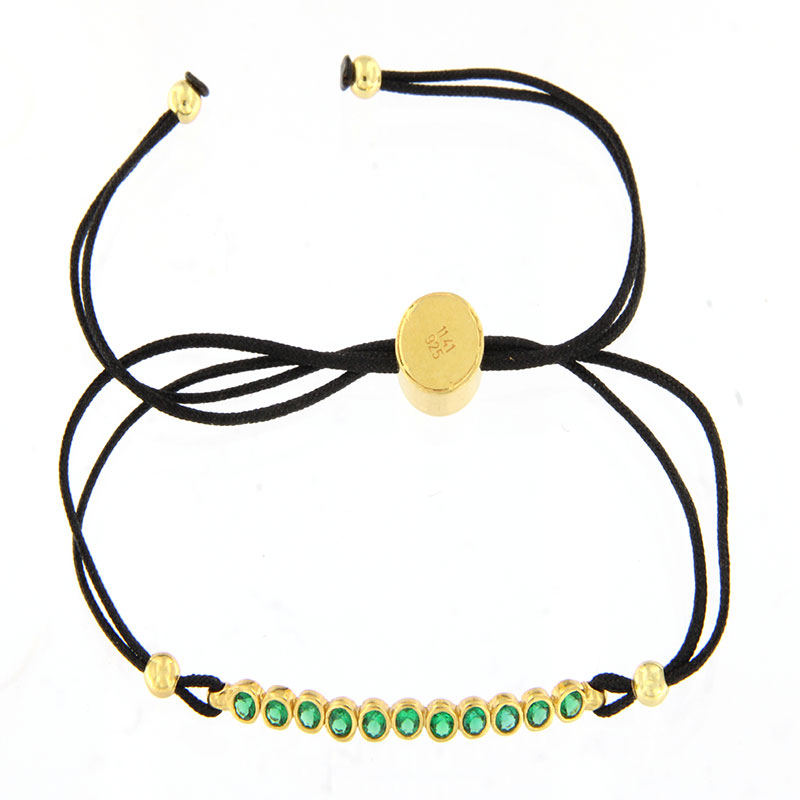 Γυναικείο Ασημένιο Επιχρυσωμένο Ριβιέρα Βραχιόλι με Μαύρο Μεταξωτό Κορδόνι & Πράσινα Ζιργκόν.