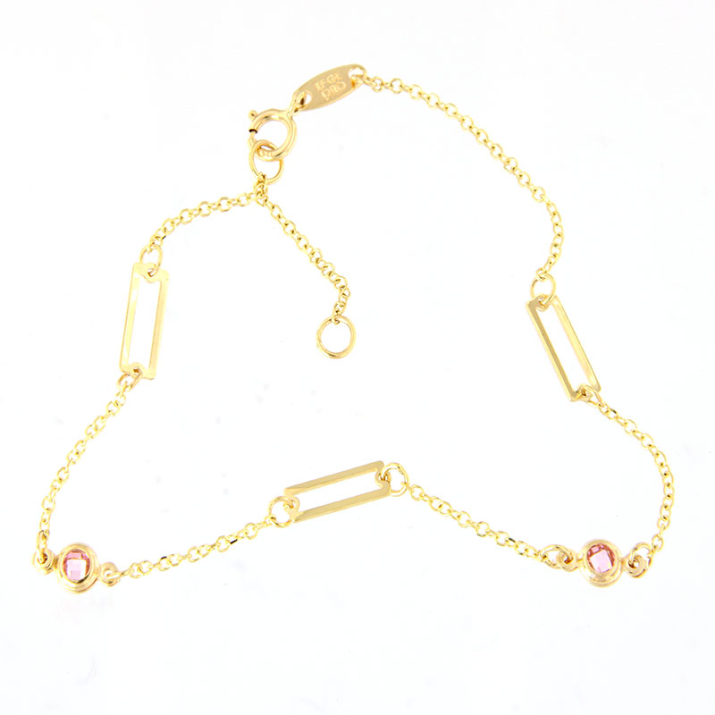 Γυναικείο Χρυσό Βραχιόλι Κ9 με Αλυσίδα & Παραλληλόγραμμα Στοιχεία με Ροζ Ζιργκόν.