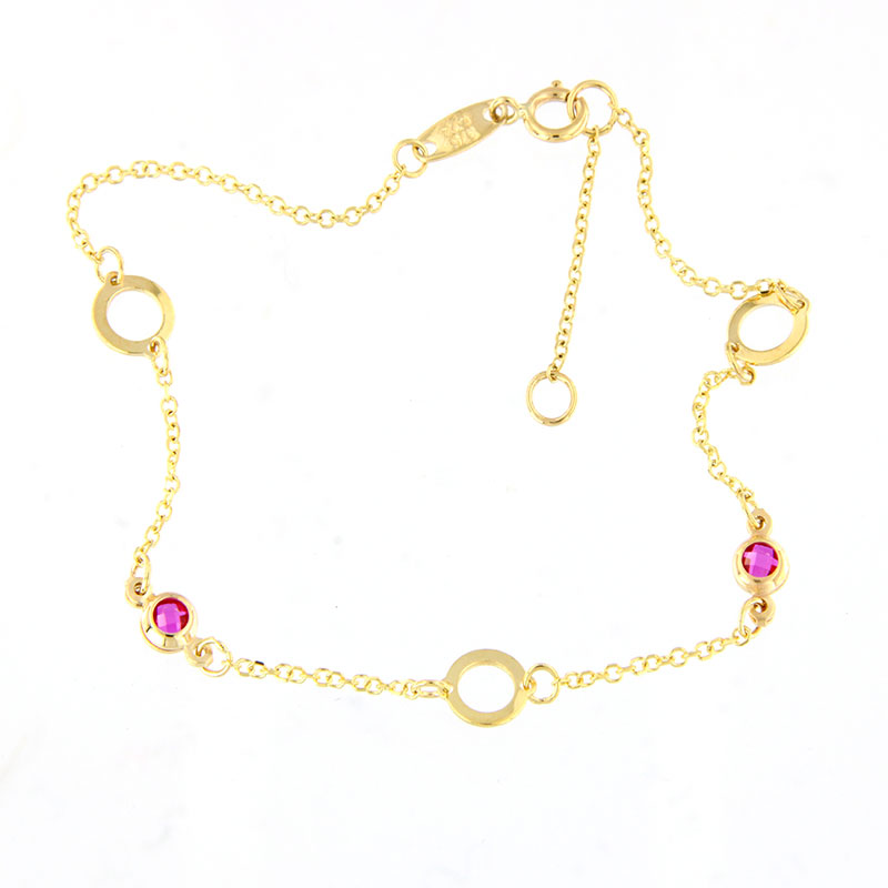 Γυναικείο Χρυσό Βραχιόλι Κ9 με Αλυσίδα & Στρογγυλά Στοιχεία με Κόκκινα Ζιργκόν.