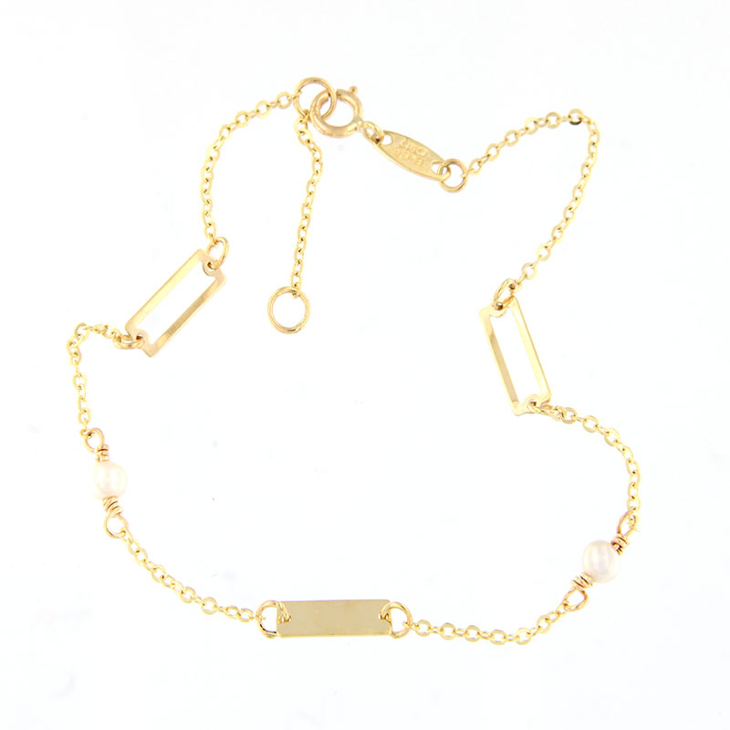 Γυναικείο Χρυσό Βραχιόλι Κ9 με Αλυσίδα & Παραλληλόγραμμα Στοιχεία με Φυσικά Μαργαριτάρια.